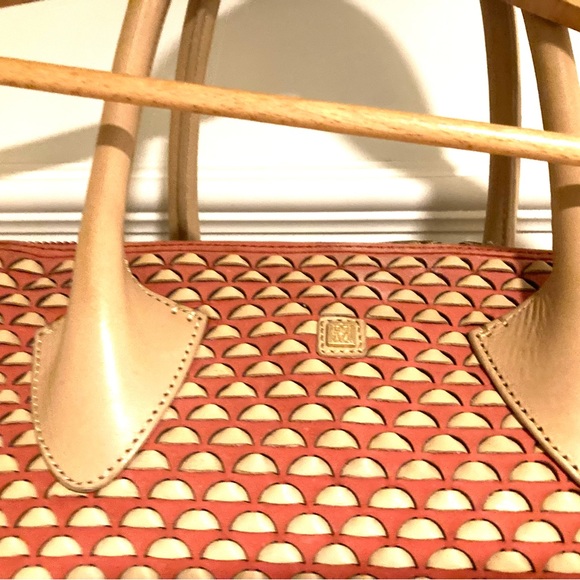 Pour La Victoire Leather basketweaved Authentic Extra Large Tote  Tan/Orange - Picture 10 of 16